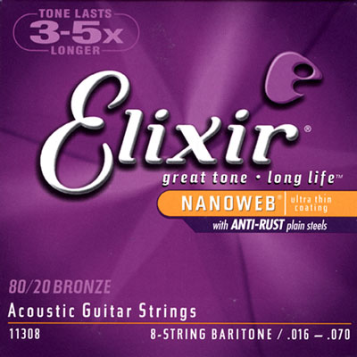 Elixir 11308 80/20 Bronze Nanoweb Baritone Acoustic , 8 String (16-70)