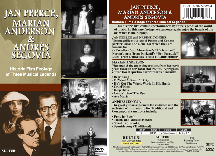 Three Musical Legends Jan Peerce Marian Anderson Andres Segovia DVD