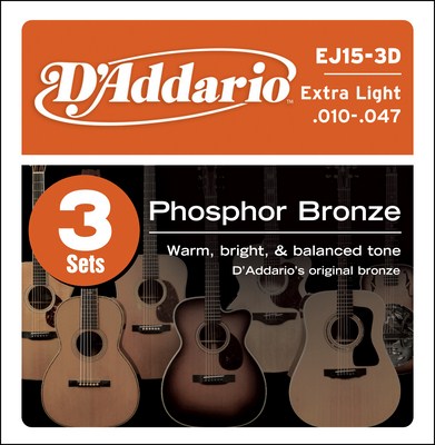 D'Addario EJ15-3D Extra-Light Phosphor Bronze, 3 Full Sets