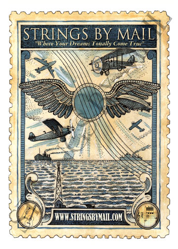 Strings By Mail Stamp Poster by noted illustrator Glenn Wolff