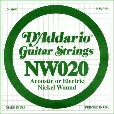 D'Addario NW020 Nickel Wound .020 inches (.51 mm), Single String