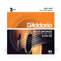 D'Addario EJ10-3D 80/20 Bronze Acoustic Strings Ex-Lt 10-47, 3-pack