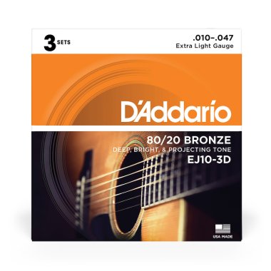 D'Addario EJ10-3D 80/20 Bronze Acoustic Strings Ex-Lt 10-47, 3-pack