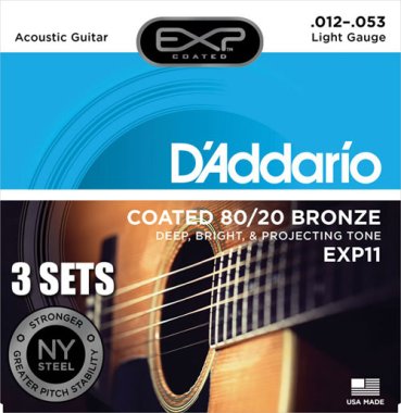 D'Addario EXP Coated 80/20 Bronze Acoustic Guitar Light 12-53, 3 sets