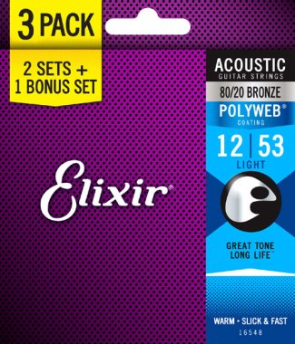 Elixir 16548 Polyweb Coated 80/20 Bronze Acoustic Lt 12-53 3-PACK