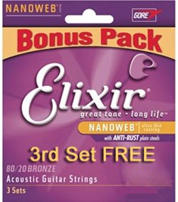 Elixir 50053 80/20 Nanoweb Coated Acoustic (12-53) 3 Set Bonus Pack